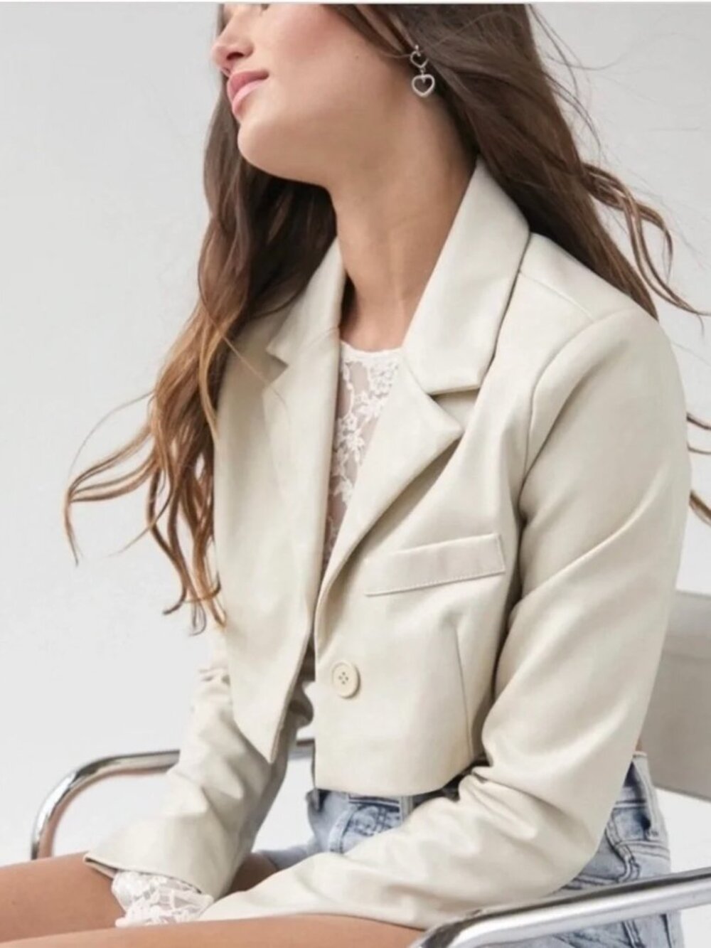 NWOT Urban Outfitters Cream Faux Leather Cropped Blazer XS